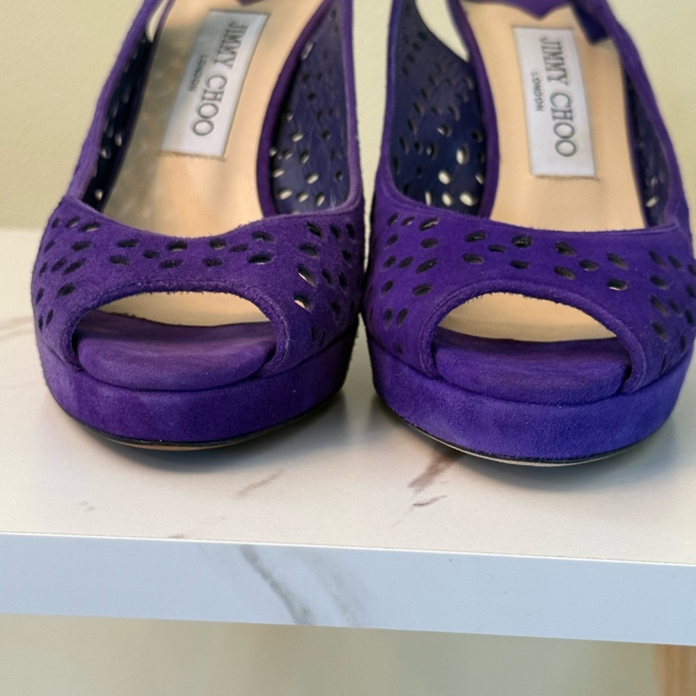 Jimmy Choo Nova Purple Suede Lazer Cut Heels, Size 37 (7 US,) EUC - Picture 6 of 10